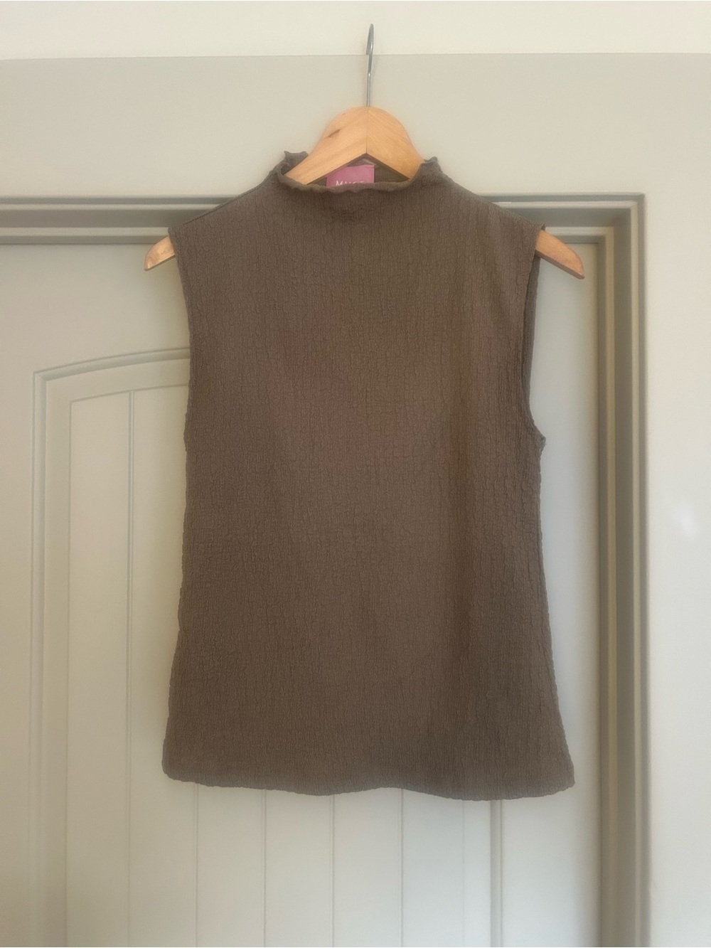Muse Republic Sleeveless Mock Neck Textured Top in Sage Brown